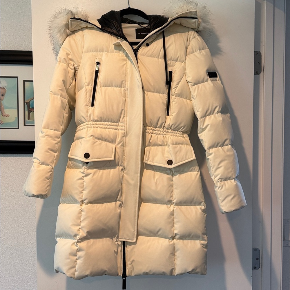 BCBG Maxazria Cream Puffer Coat with Fur Hood